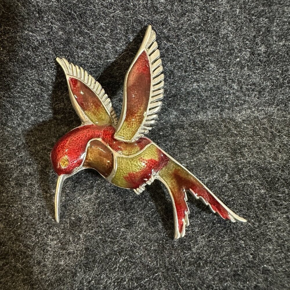 Vintage Enamel Hummingbird Bird Pin Brooch Rhinestone Red Yellow Gold Orange